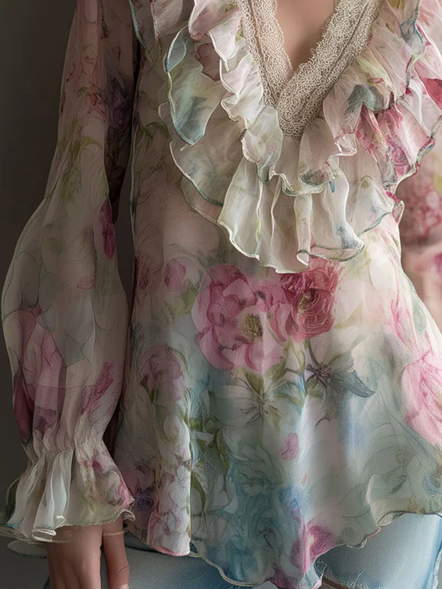 Romantic Floral Sheer Chiffon Ruffle Blouse With Lace Neckline