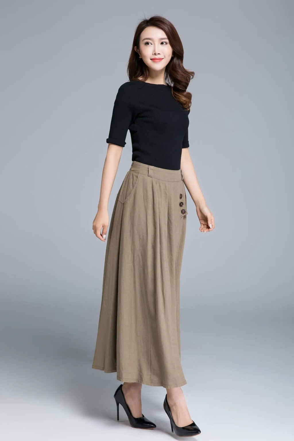 Khaki long maxi skirt with pleated and button detail 1671