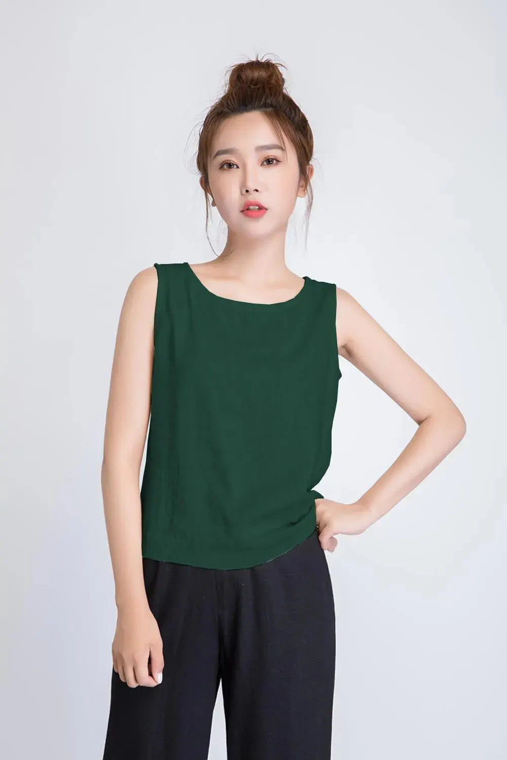 Green Linen Tank Top for Women - Scoop Neck Relaxed Fit 5884