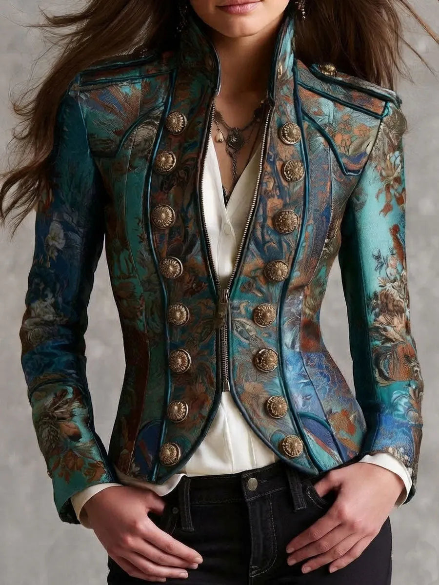 Victorian Baroque Pattern Buttons Epaulet Fitted Short Cropped Jacket