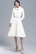 White Wool Blend Coat – Vintage Below Knee Winter Overcoat with Pockets 3163