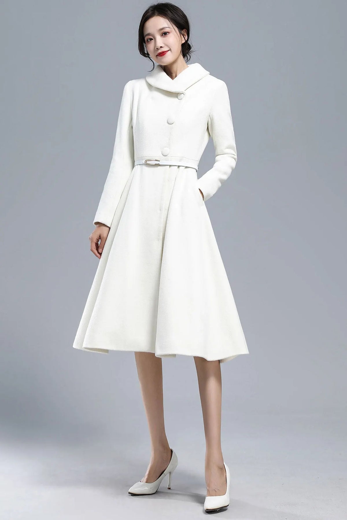 White Wool Blend Coat – Vintage Below Knee Winter Overcoat with Pockets 3163
