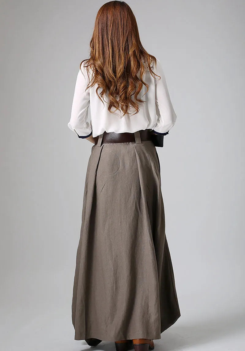 Gray Brown Linen Maxi Skirt – Handmade High Waisted Spring Skirt 