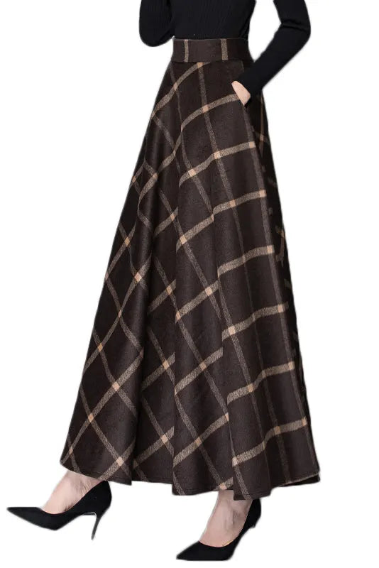 Brown Wool A-Line Maxi Skirt - High Waist with Pockets 3792