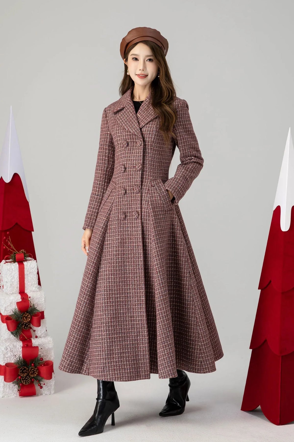 Plaid Wool Coat Maxi - Fit and Flare Double Breasted 4614