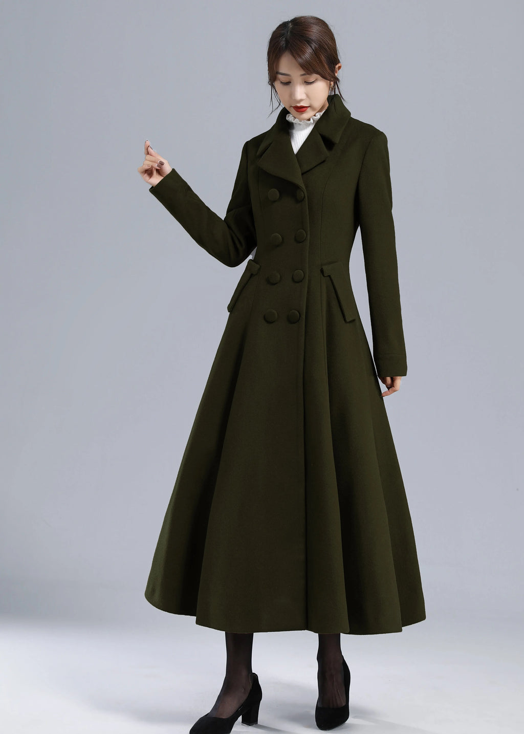 Forest Green Wool Maxi Coat – Vintage Fit and Flare Double Breasted Overcoat 5497