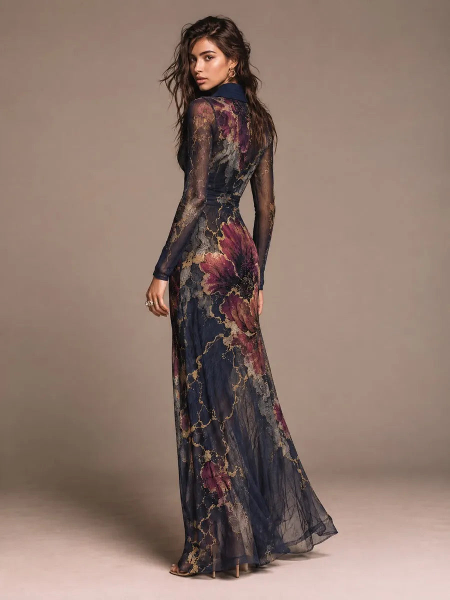 Navy Floral Print Maxi Dress with Sheer Long Sleeves and Gold-Tone Buttons