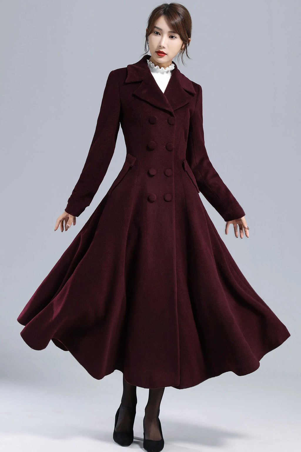 Burgundy Wool Swing Coat – Vintage 1950s Double Breasted Long Overcoat 3239