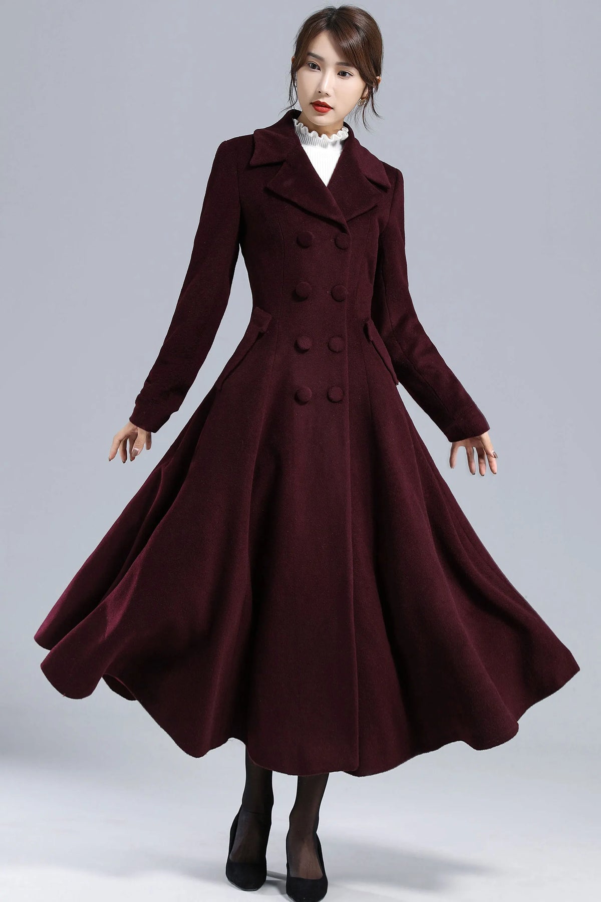 Burgundy Wool Swing Coat – Vintage 1950s Double Breasted Long Overcoat 3239