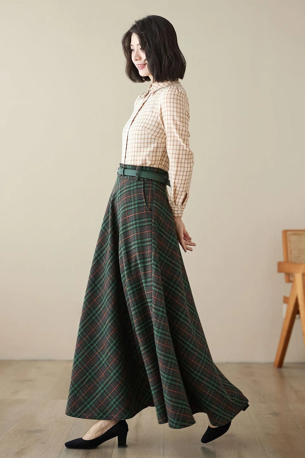 Green Plaid Wool Maxi Skirt – Vintage High Waist Ankle Length Winter Skirt with Pockets 4624