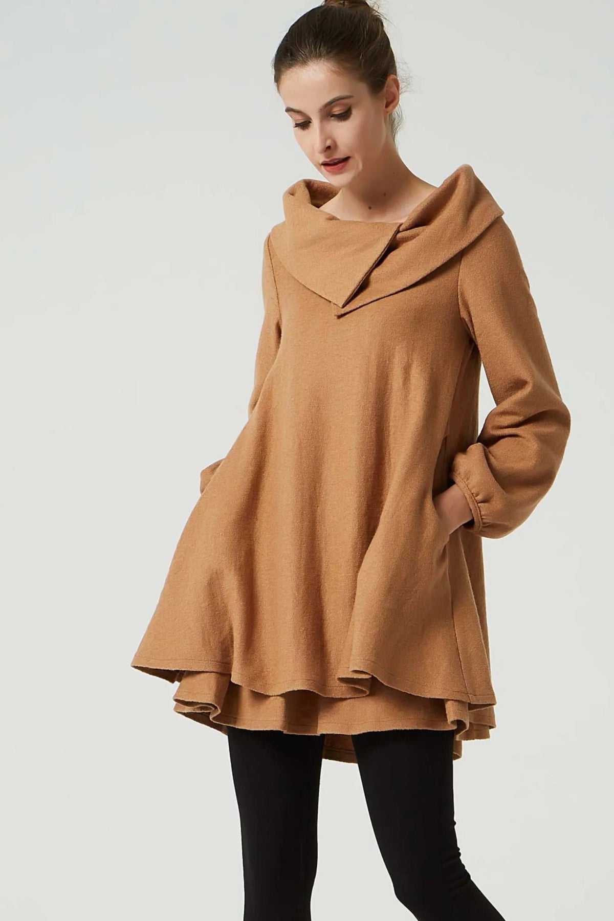 Camel Wool Tunic Dress - Oversized Silhouette with Asymmetrical Collar 2066