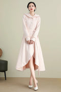 Pink Wool Coat – Women’s Hooded Asymmetrical Long Winter Coat with Belt 3901