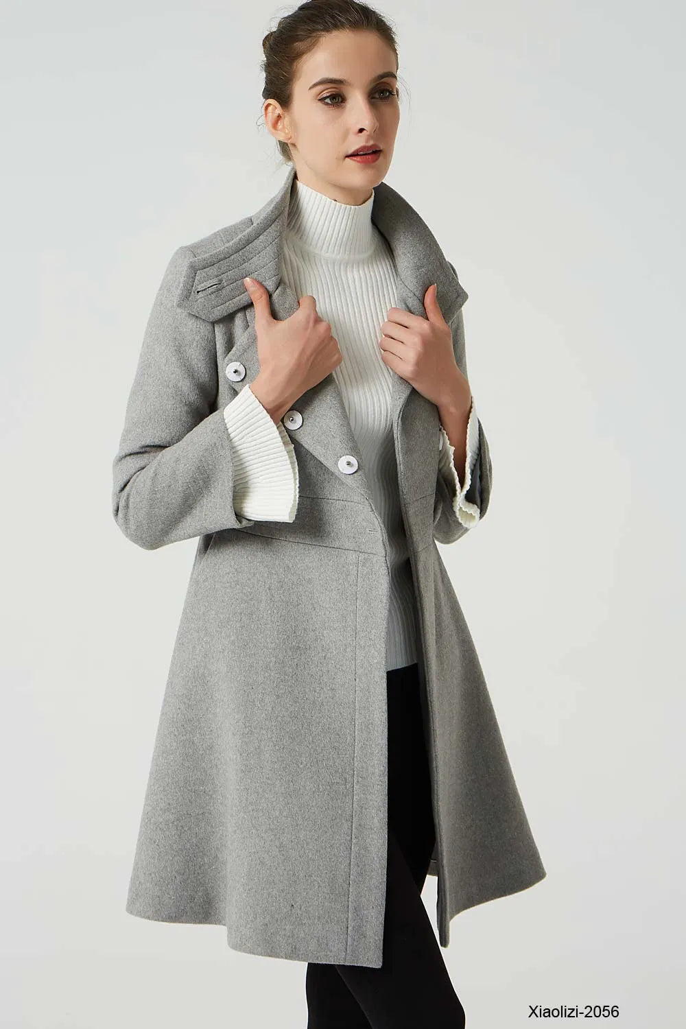 Light Grey Wool Coat - Fitted Waist with Stand-Up Collar 2056