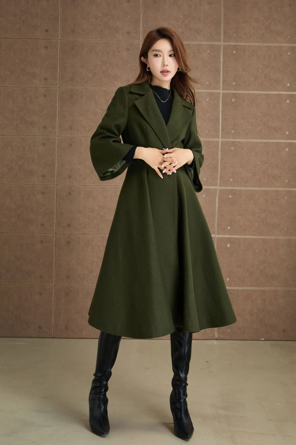 Green Wool Princess Coat - Fit and Flare, 3/4 Sleeves 5364