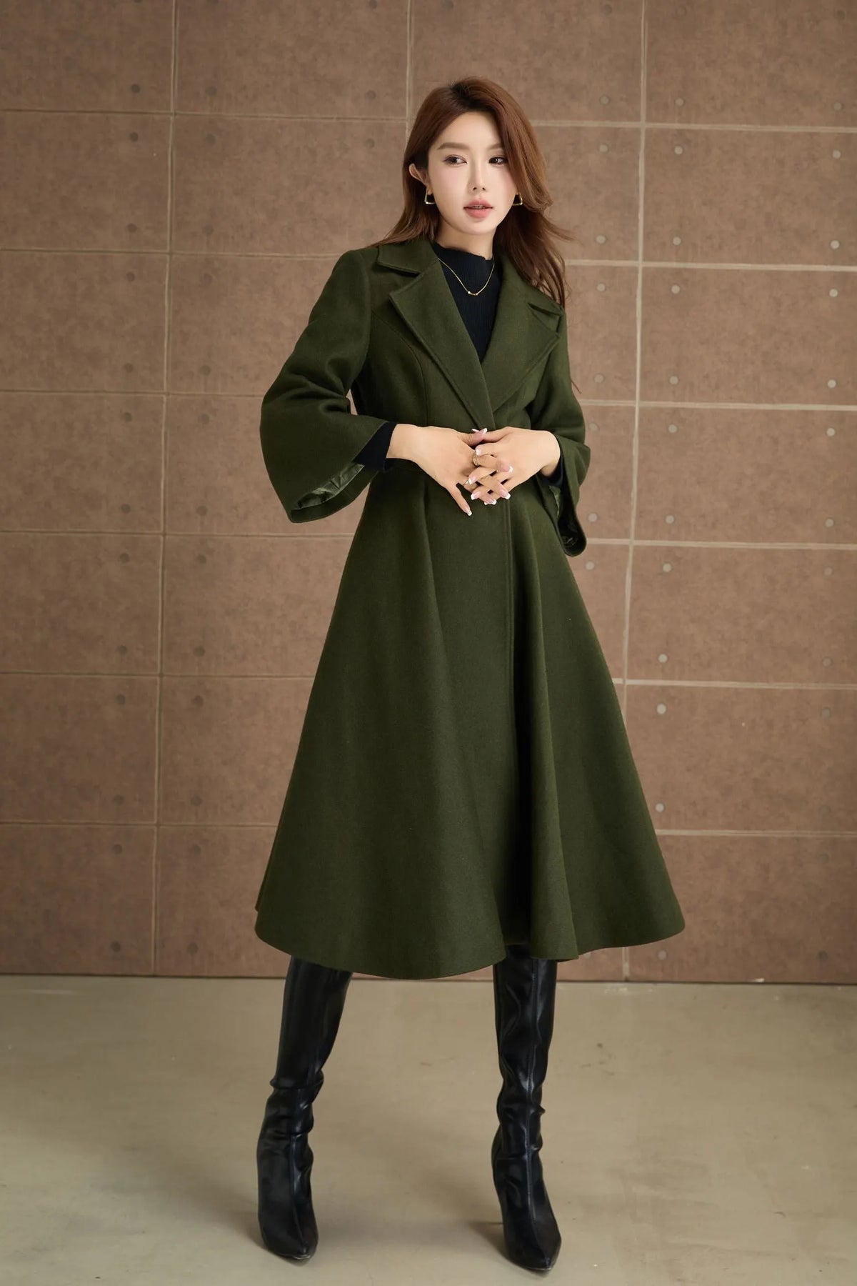 Green Wool Princess Coat - Fit and Flare, 3/4 Sleeves 5364