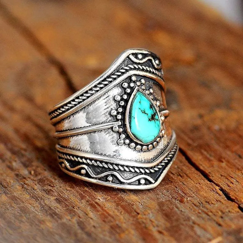 Bohemian Vintage Turquoise Teardrop Shape Irregular Ring