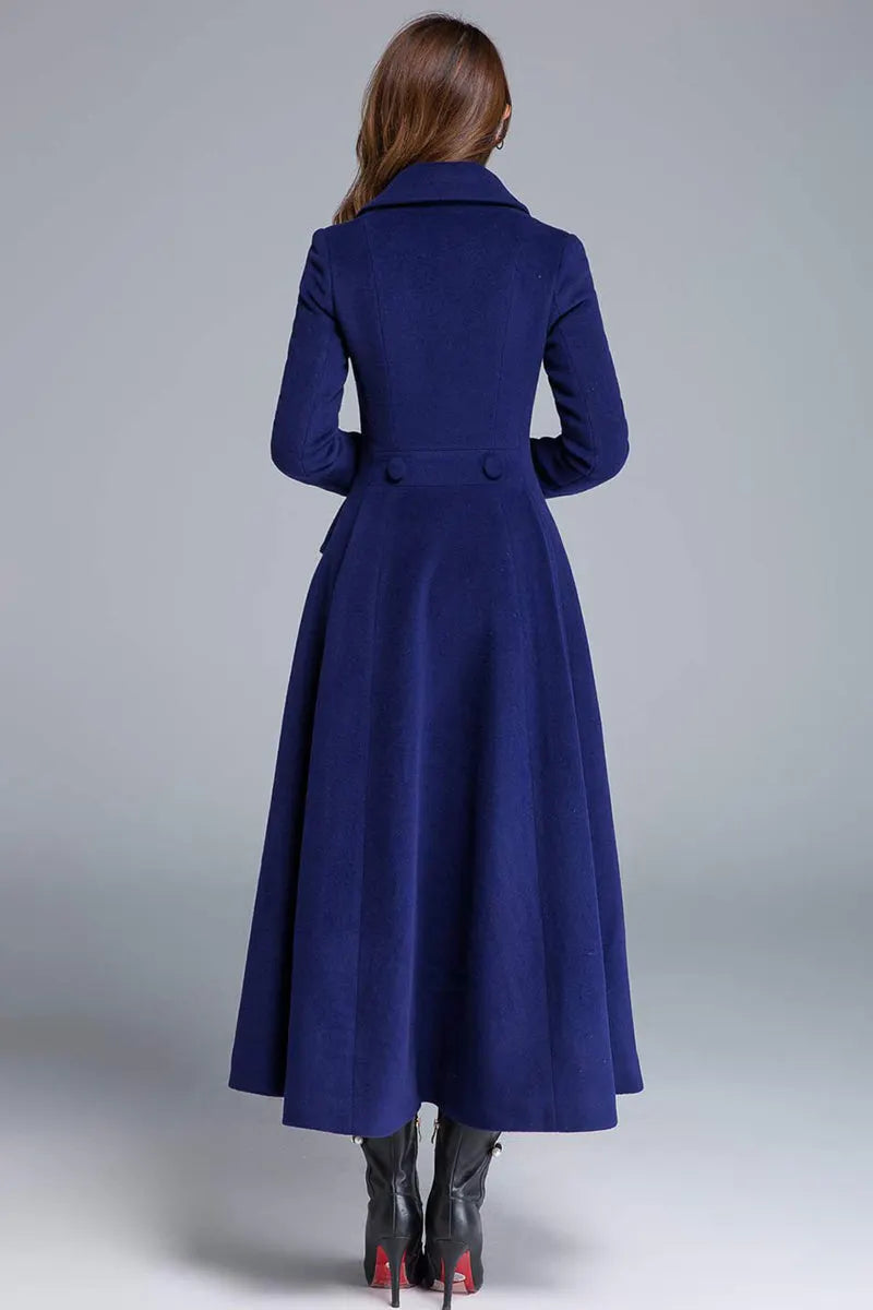 Blue Wool Winter Coat – Double Breasted Long Overcoat with Pockets  1685