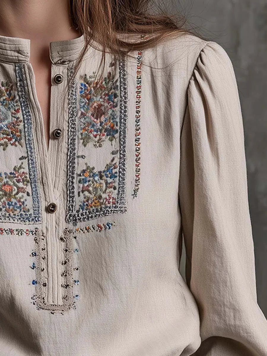 Vintage Embroidered Boho Linen Blouse