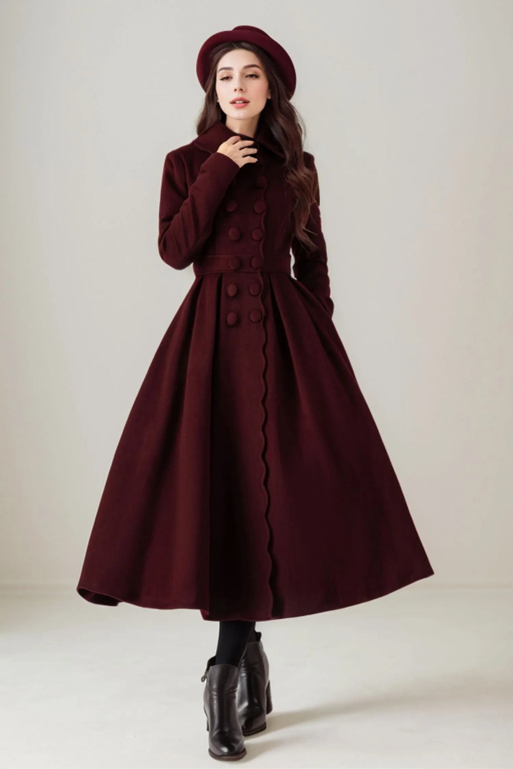 Burgundy Wool Maxi Coat - Pleated Fitted Waist with Scalloped Detail 5244