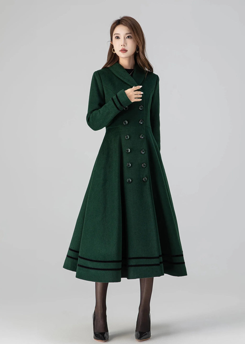 Forest Green Wool Coat - Double Breasted A-Line Fit and Flare 4514