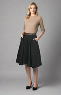 Black Wool Midi Skirt – Vintage High Waist Skirt with Pockets 1390