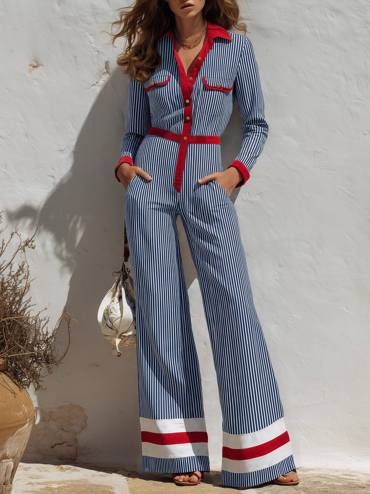 Trendy Retro Color-blocked Striped Long Sleeve Jumpsuit