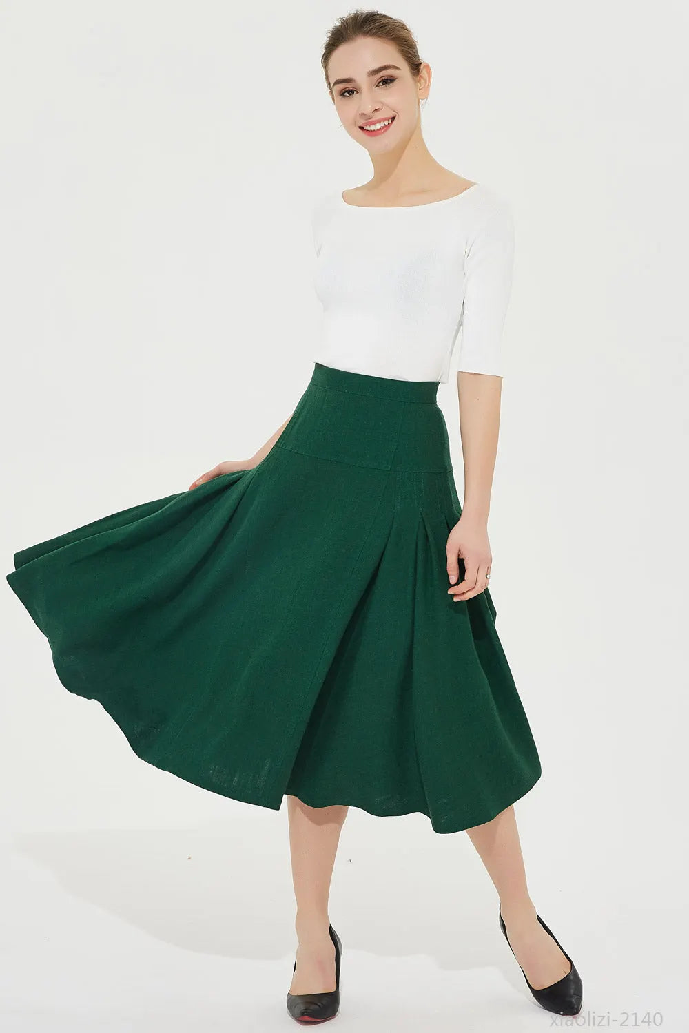 Midi Linen Skirt in Forest Green - High-Waisted Pleated A-Line 2140