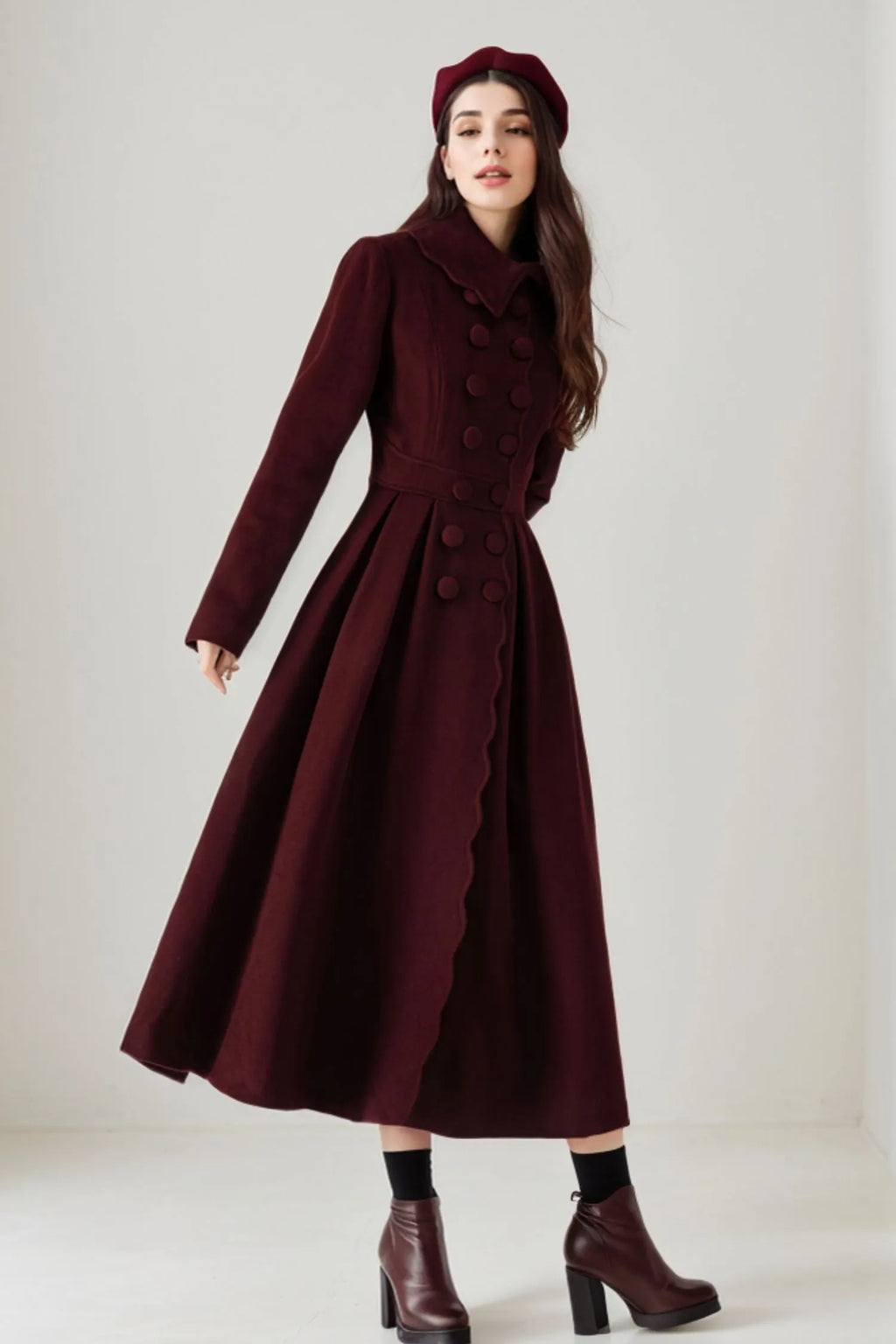 Burgundy Wool Maxi Coat - Pleated Fitted Waist with Scalloped Detail 5244