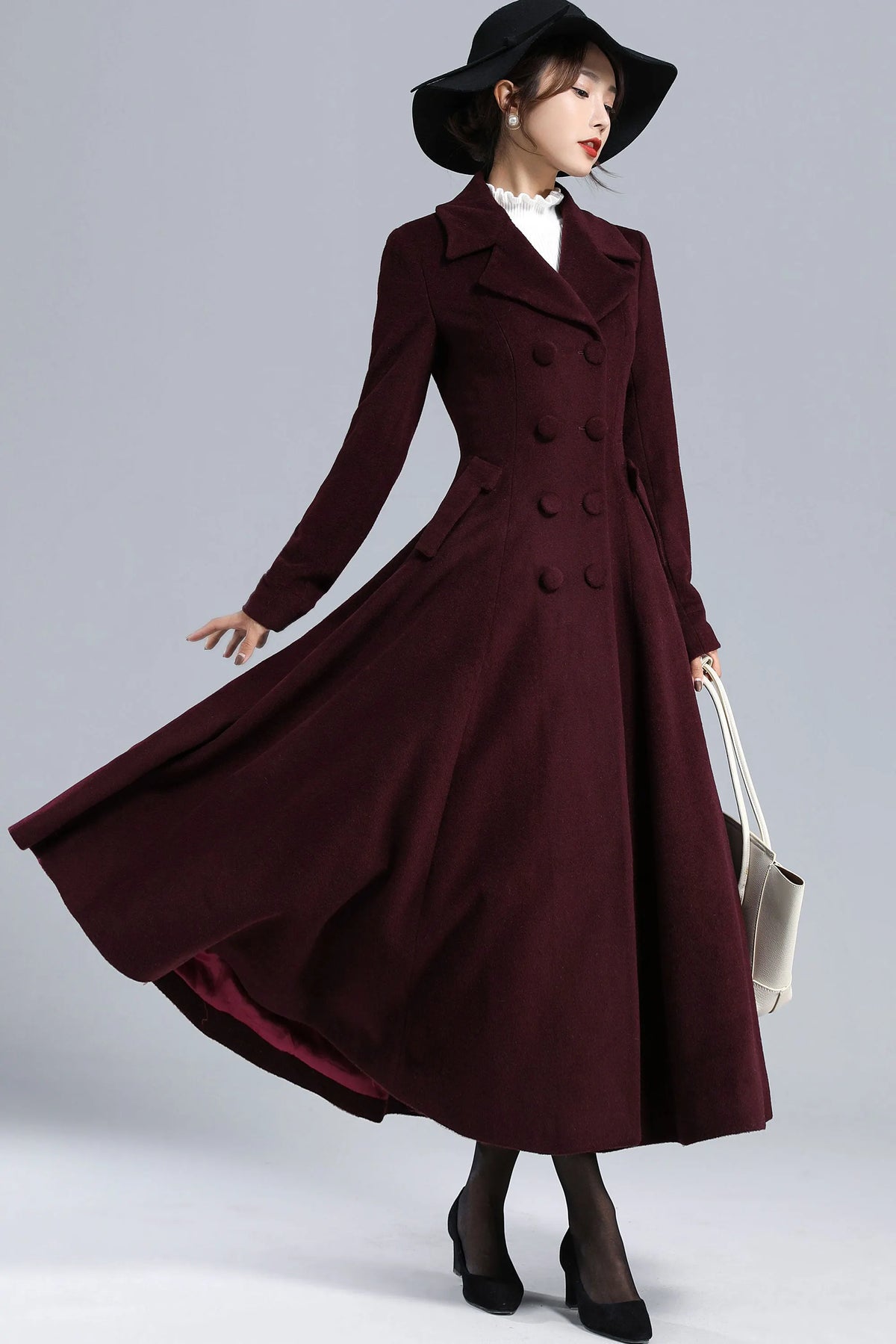 Burgundy Wool Swing Coat – Vintage 1950s Double Breasted Long Overcoat 3239