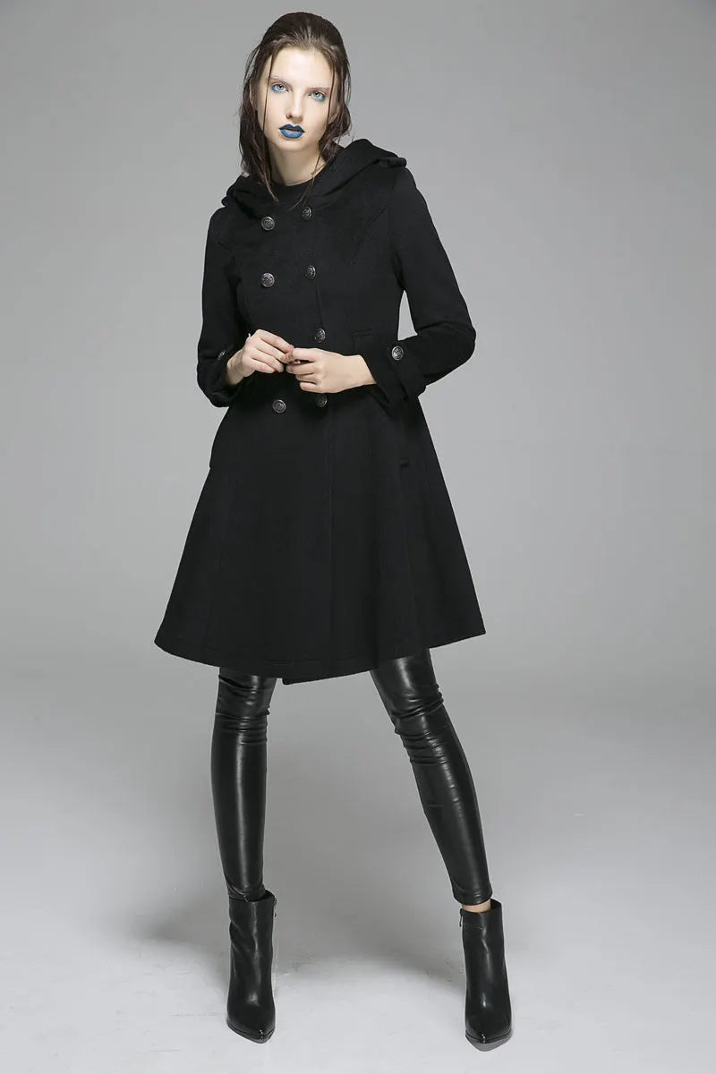 Vintage Wool Coat for Women – Handmade Black Hooded Double Breasted Military Winter Coat 