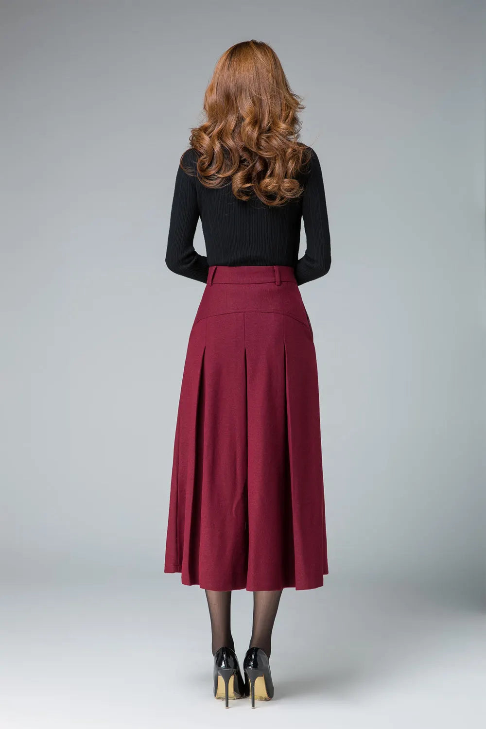 Burgundy Wool Blend Midi Skirt - A-Line Pleated Pockets 