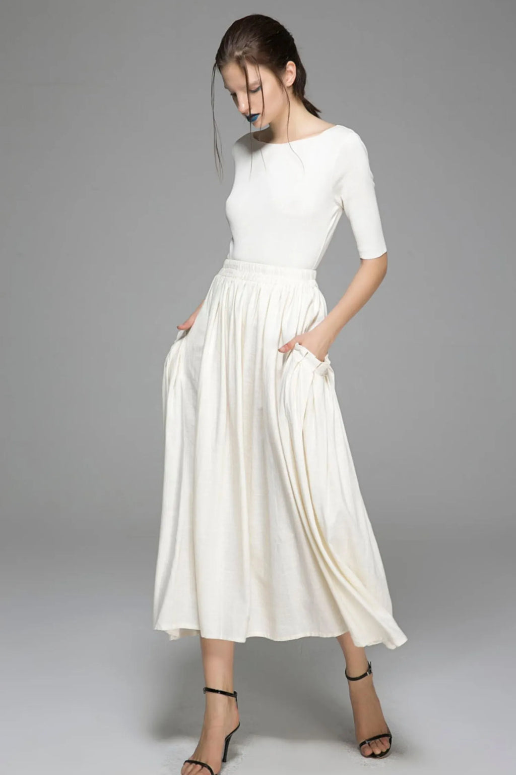 White Linen Cotton Maxi Skirt - Elastic Waist Big Pockets 