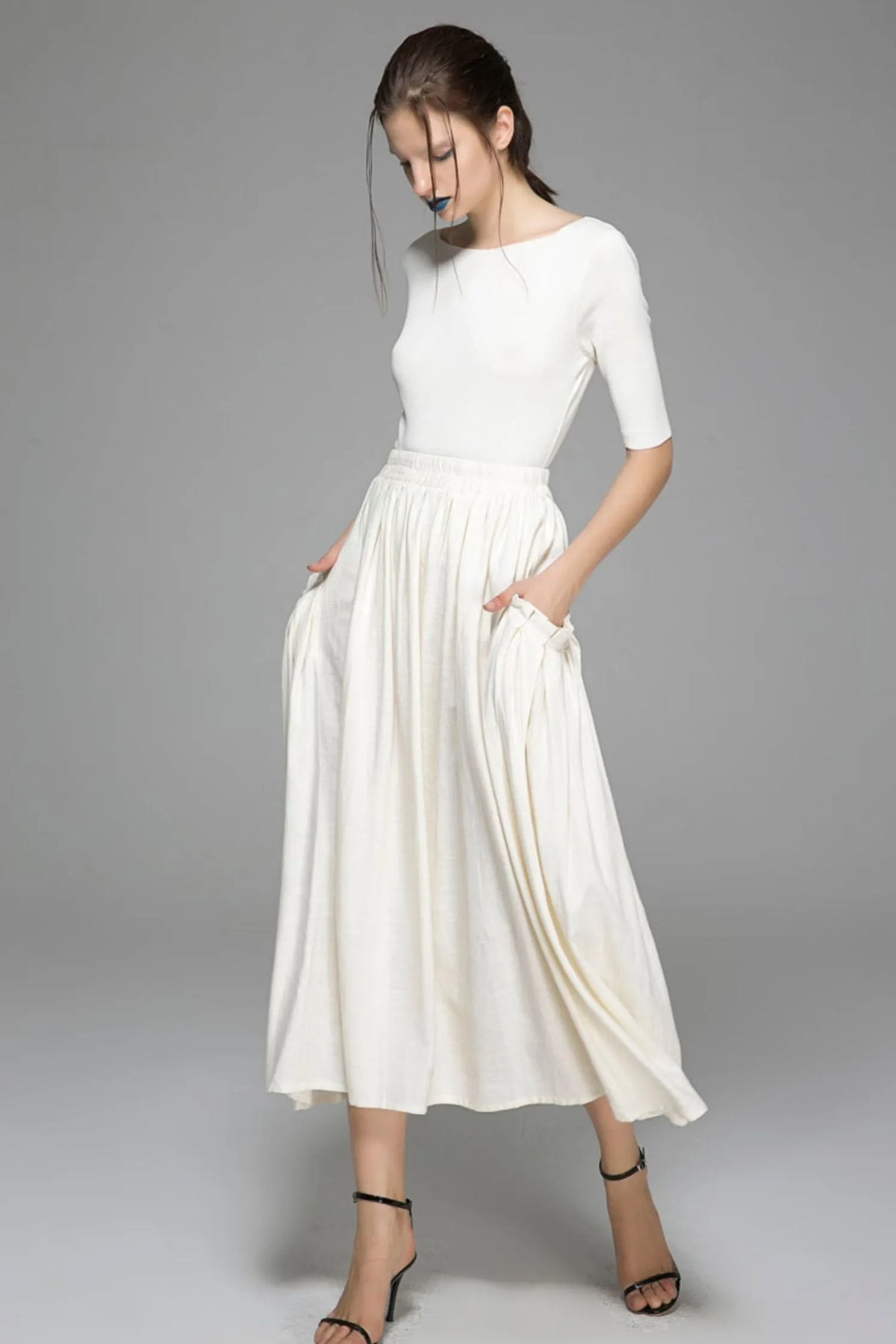 White Linen Cotton Maxi Skirt - Elastic Waist Big Pockets 