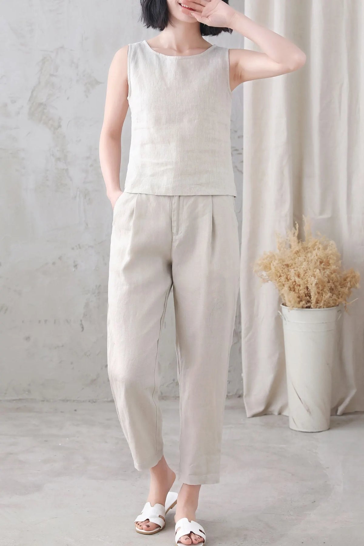 Beige Linen Tank Top - Loose Fit Scoop Neck Sleeveless 3345