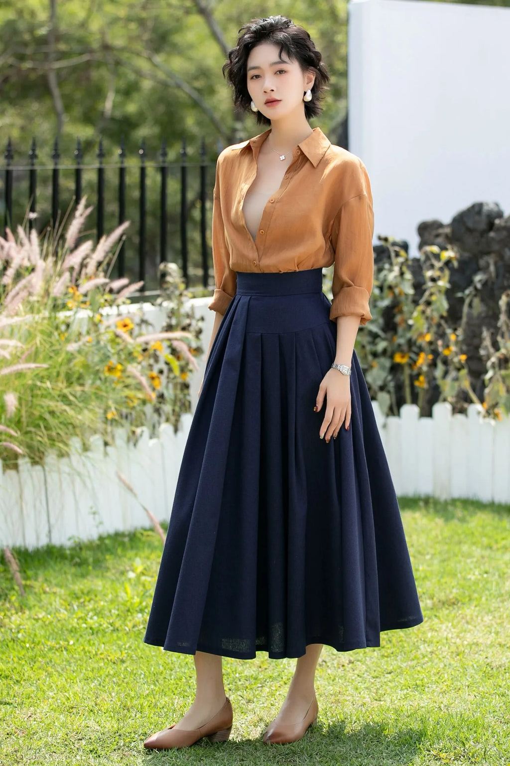 Deep Navy Linen Cotton Midi Skirt High Waist 
