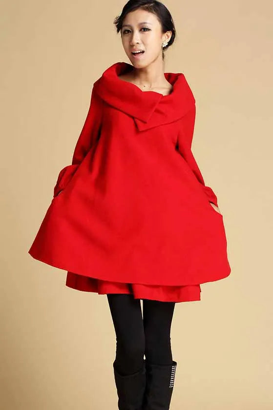 Red Wool Tunic Dress - Oversized Collar, Relaxed Fit Swing Silhouette 349