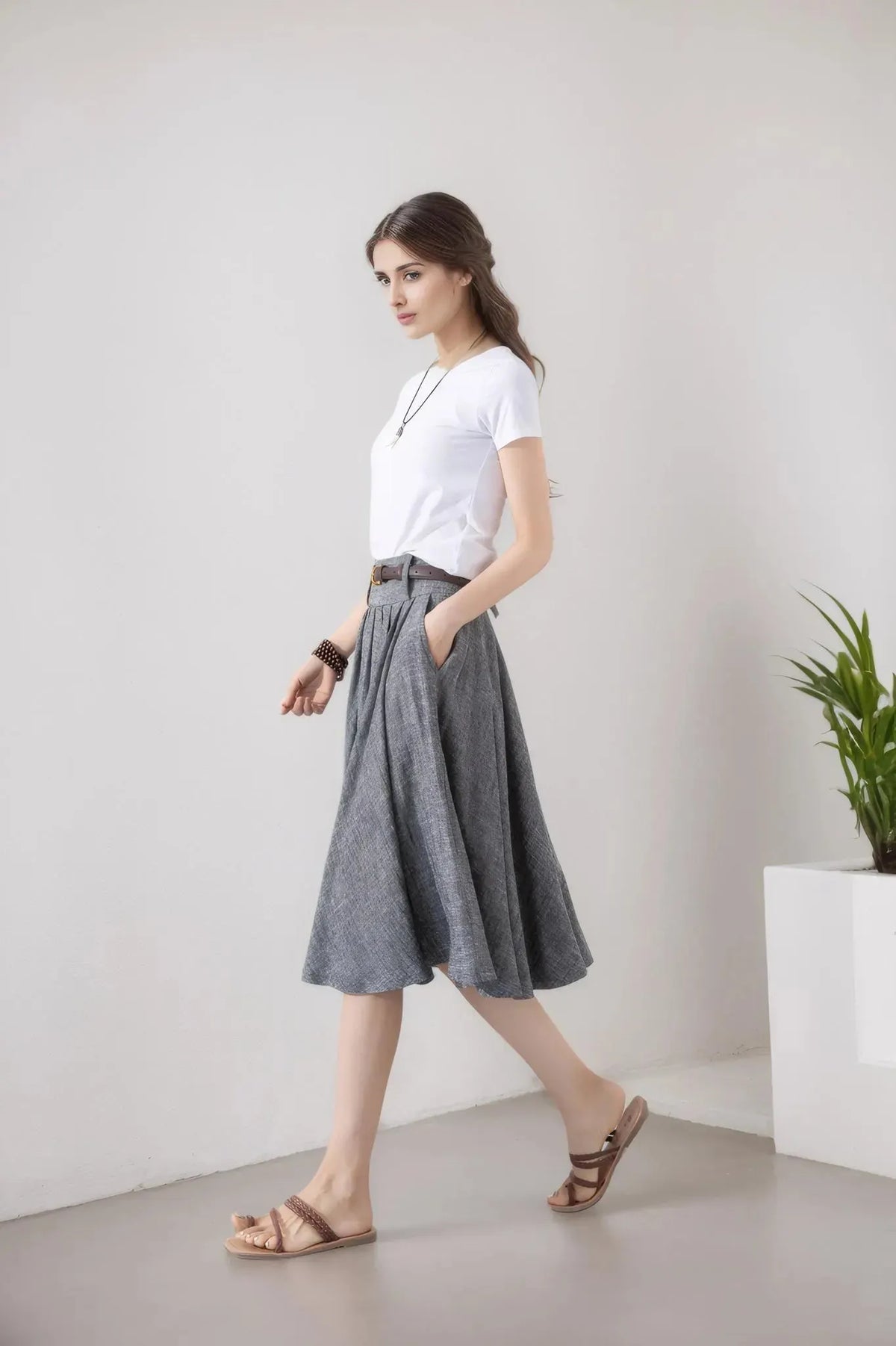 Gray Cotton Linen Pleated Midi Skirt - Flare Circle Swing Silhouette 5801
