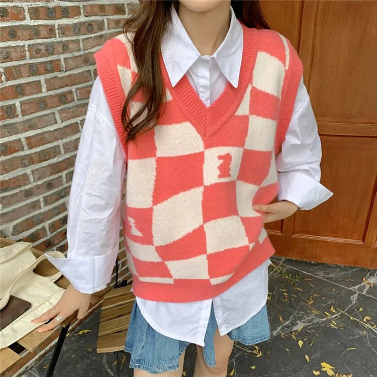 KittenAlarm - Loose Chess Plaid V-Neck Vest Sweater