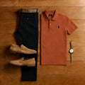 Men's Casual Red Brown & Black Solid Color Matching Sport Short Sleeved Polo Shirt & Trousers Two-Piece Set