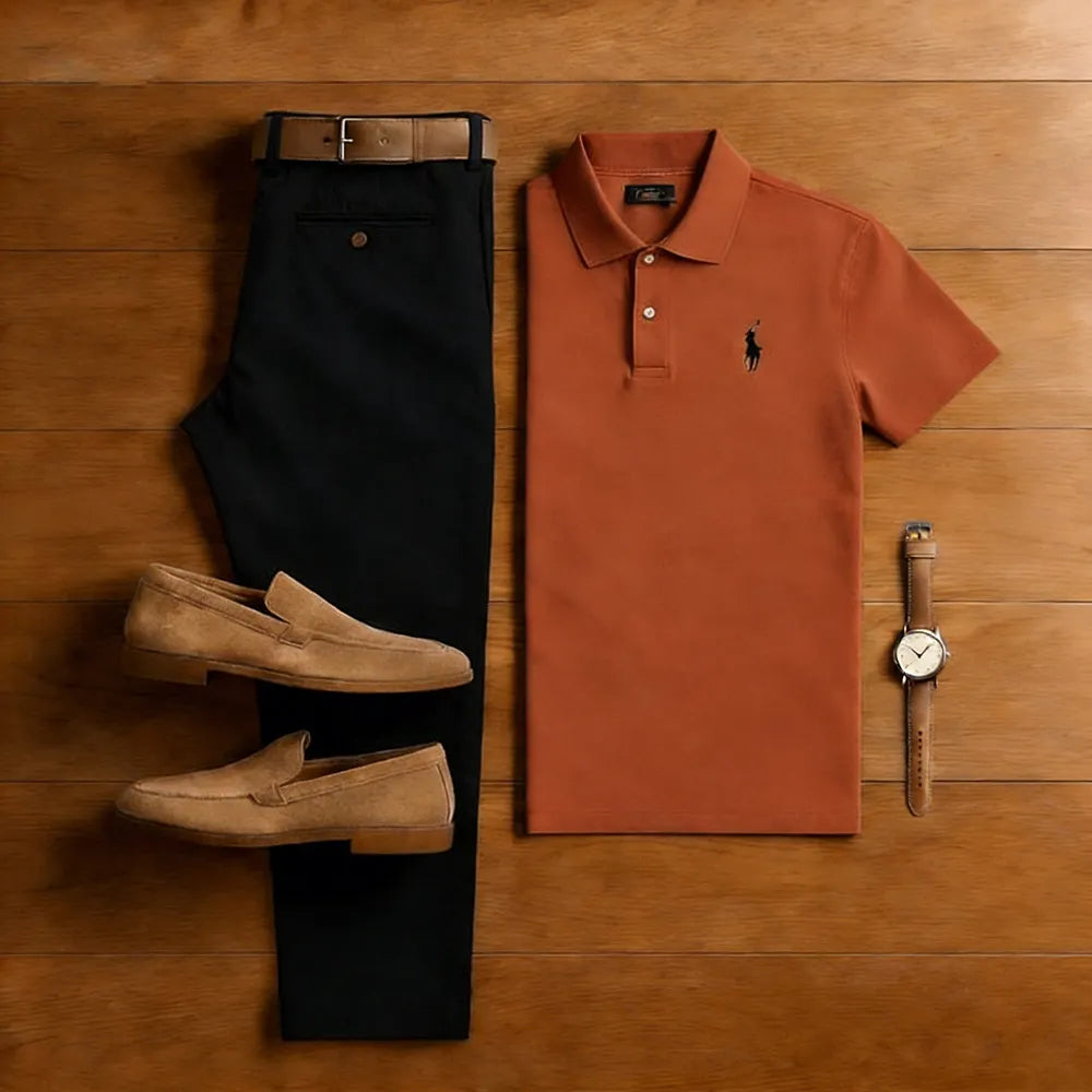 Men's Casual Red Brown & Black Solid Color Matching Sport Short Sleeved Polo Shirt & Trousers Two-Piece Set
