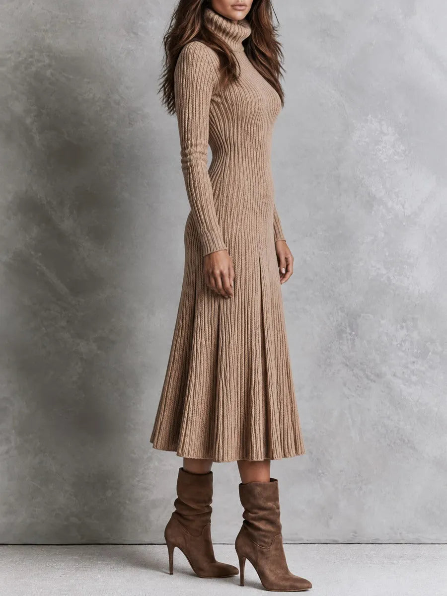 Elegant Oatmeal Turtleneck Ribbed Pleated Knit Midi Dress