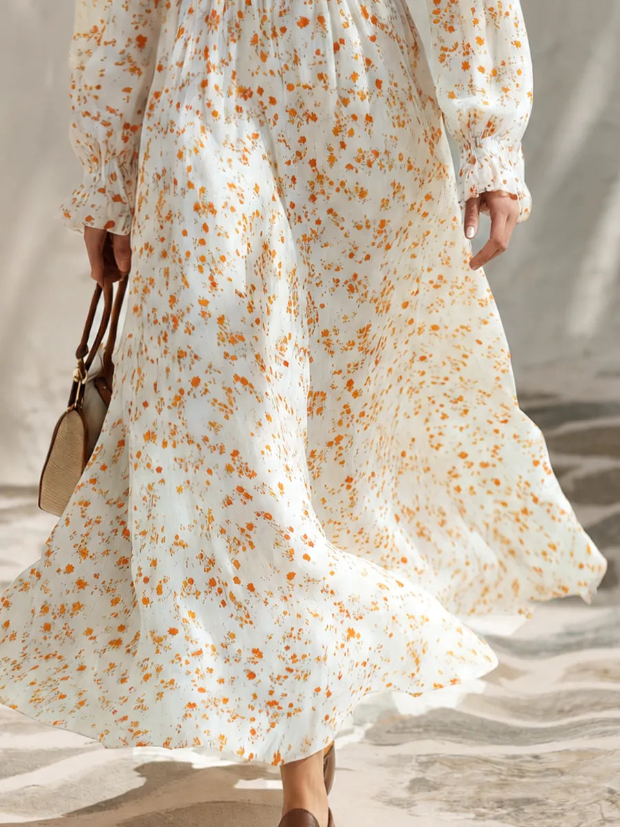 Vacation-style Square-neck Long-sleeved Printed Chiffon Maxi Dress