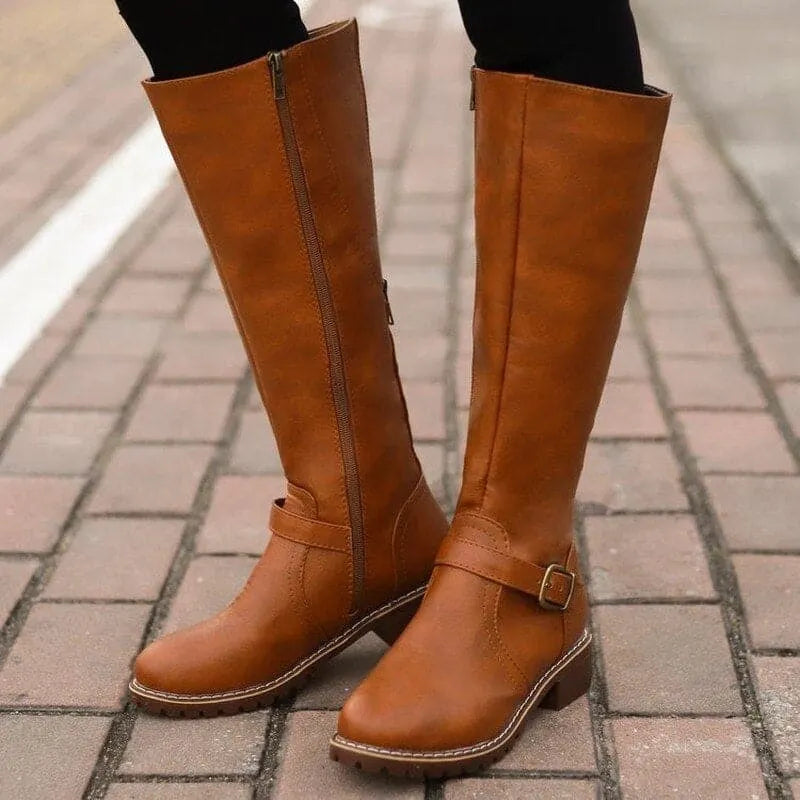 Women's Classic Buckle Knee-High Boots – Leather, Casual for Everyday Wear