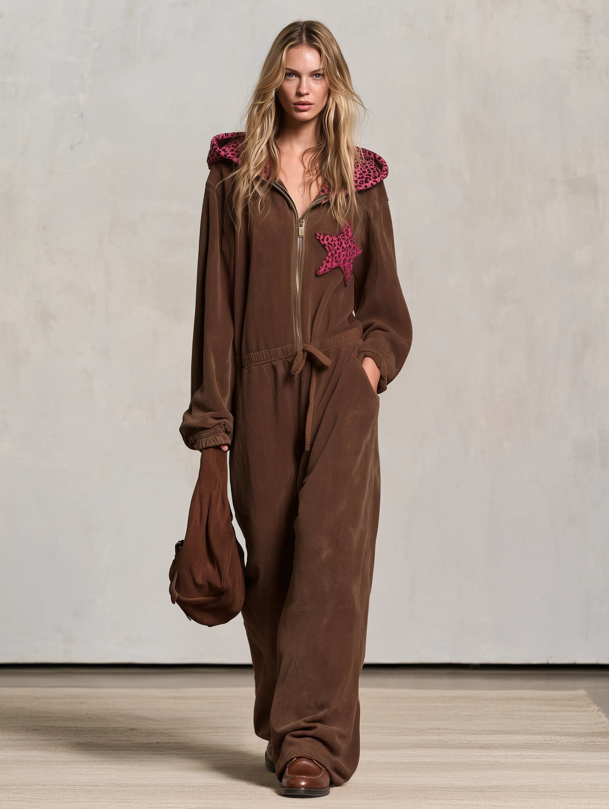 Retro Western Brown Fleece Hooded Jumpsuit With Pink Leopard Star Patch