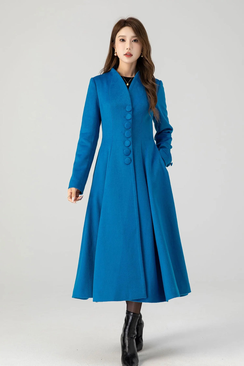 Blue Wool Swing Midi Coat - Double-Breasted Elegant Fit 4602
