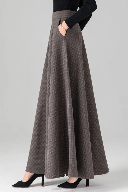 Plaid Wool Maxi Skirt - Ankle Length, Full Silhouette 3943
