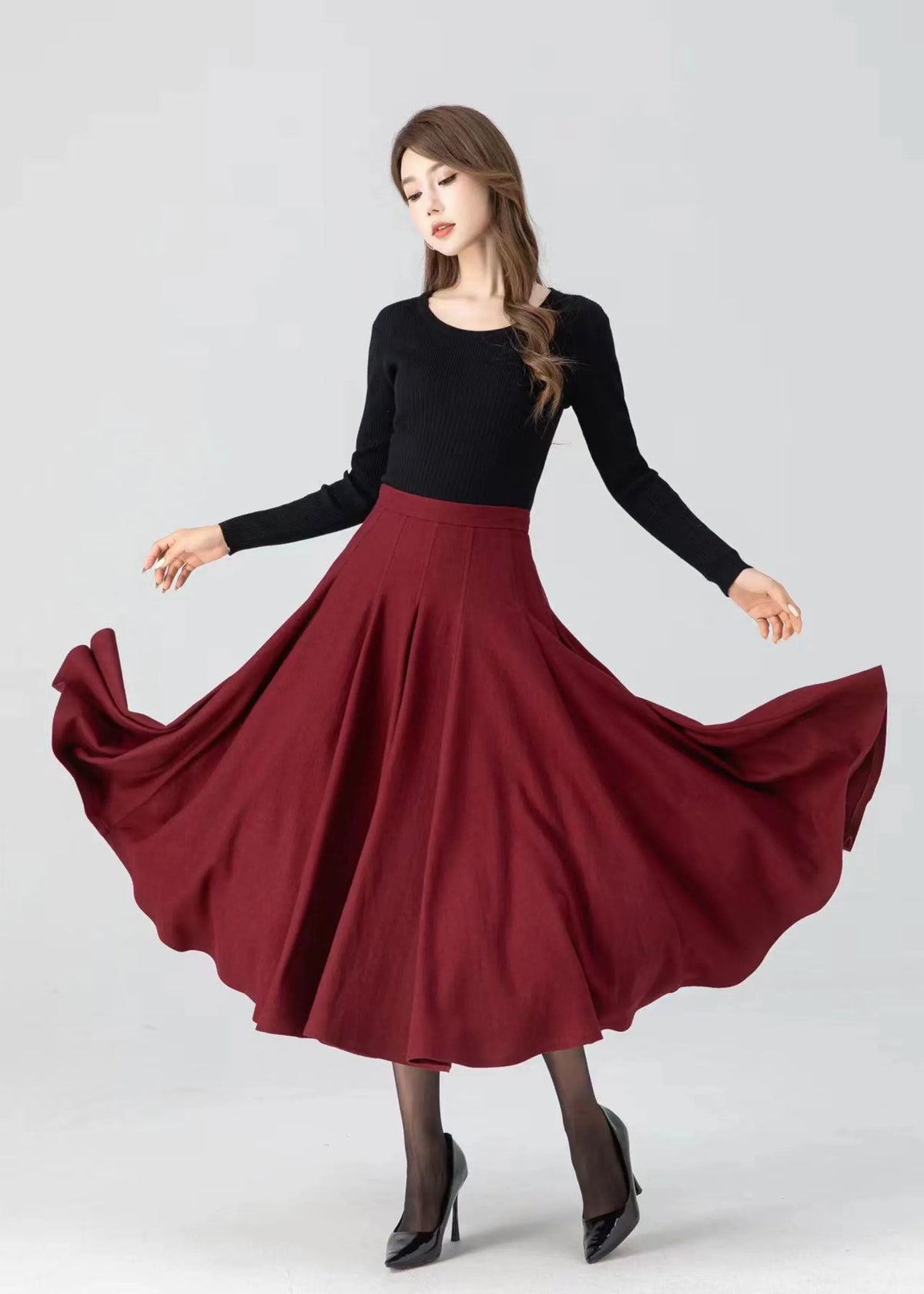 Women's Red Wool Swing Midi Skirt – Warm Winter Pleated High Waist Skirt 
