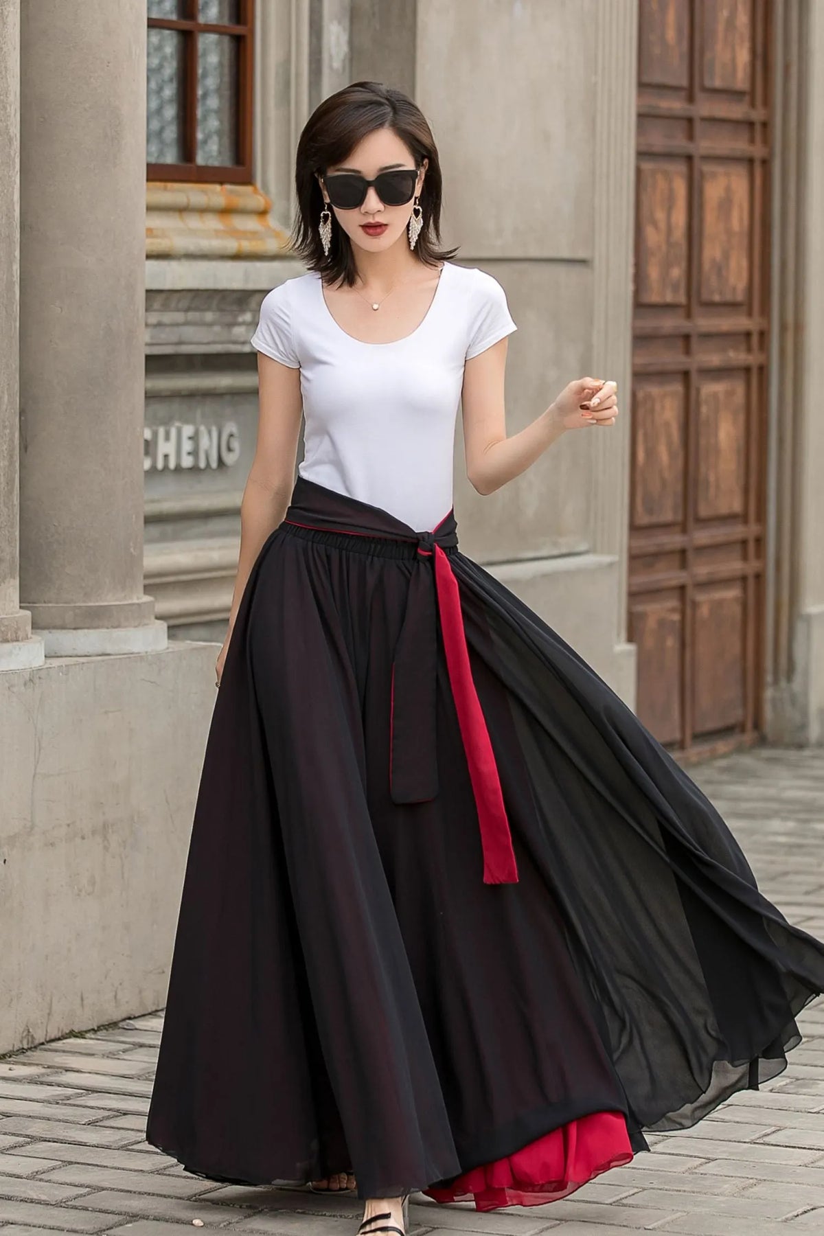 Reversible Maxi Skirt – Elegant Black/Red Chiffon Swing Circle Skirt 2714