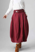 Red Linen Pleated Midi Bubble Skirt - Elegant Textured Silhouette 821