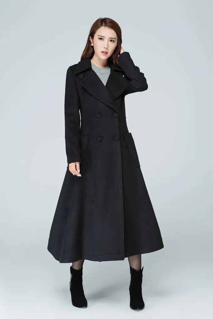 Black Wool Long Coat - High Waist, Double-Breasted Fit 1607